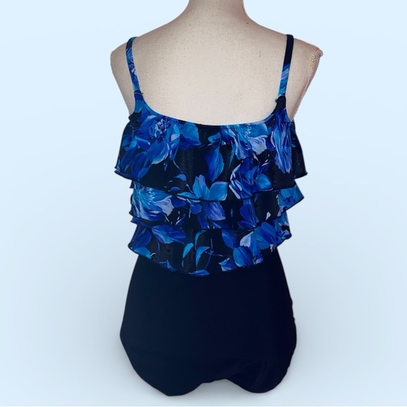 SIRENA Vintage Ruffled Tiers Swimsuit Bathing Suit Tropical Floral BLU BLK SZ 12 - Picture 2 of 8